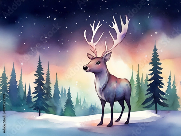 Fototapeta Majestic deer with antlers standing in snowy winter forest at sunset. Ethereal aurora borealis lighting creates magical atmosphere with pine trees and falling snow. Horizontal watercolor illustration