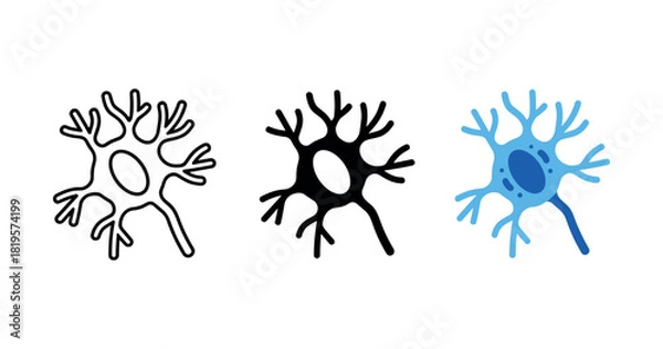 Fototapeta Neuron cell triptych: outline, silhouette, and colored illustration of neural structure