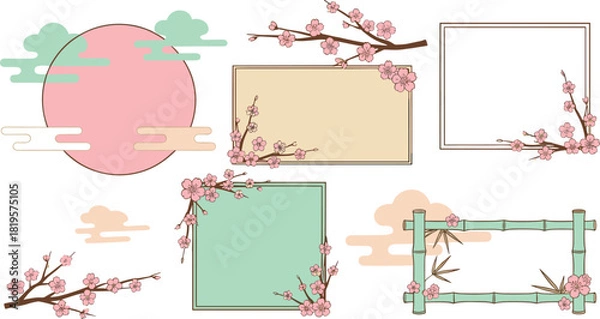 Obraz Vector Set of Traditional Oriental Frames and Design Elements, Featuring Pink Cherry Blossom, Green Bamboo Border, Pink Sun, and Stylized Clouds, Perfect for Japanese or Chinese Festival 