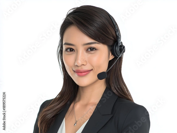 Obraz Smiling young asian woman wearing headset providing customer service