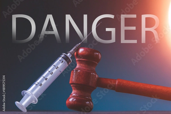 Fototapeta The syringe and the hammer of the judge. The confrontation of medicine and courts. The verdict of the medical company..