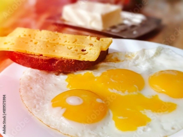 Fototapeta Freshly prepared scrambled eggs with the addition of grated cheese on a white plate. The dish is decorated with greens and served with a piece of whole grain bread and cherry tomatoes..