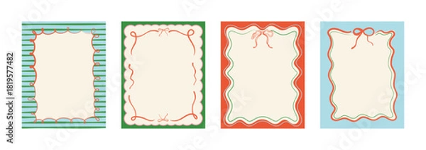 Fototapeta Set of doodle-style Christmas frames with ribbons, bows, and light garlands. Hand-drawn la dolce vita holiday elements in minimalist line art. Trendy borders for festive posters and  invitations
