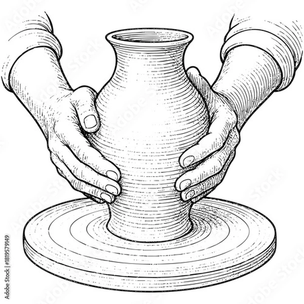 Fototapeta Hands shaping a vase on a pottery wheel. Potter's wheel, ceramic sketch vector illustration isolated on transparent background