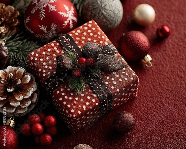 Fototapeta Boxing Day sale design with wrapped gift box and Christmas decorations on red background