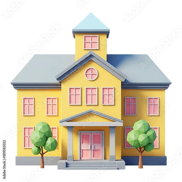 Fototapeta Stylized 3d school building, educational institution, campus isolated on transparent background