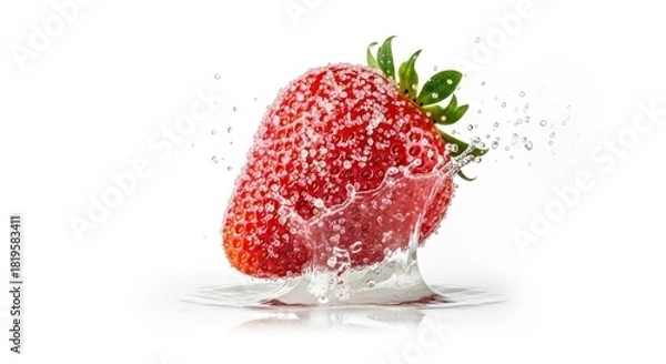 Fototapeta Fresh strawberry splashing into water with droplets
