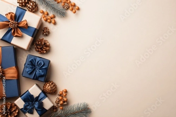 Fototapeta Assortment of elegantly wrapped presents and natural holiday decorations arranged on a light surface with copy space