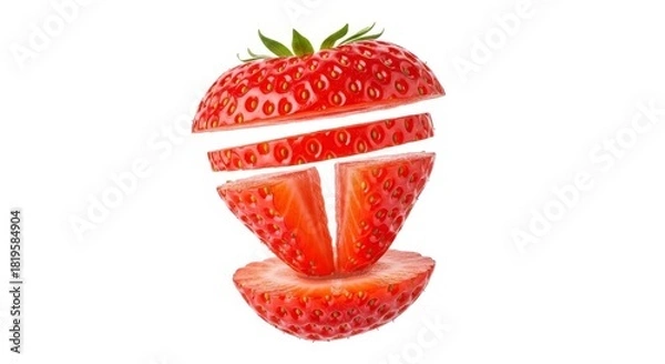 Fototapeta Fresh ripe strawberry sliced and levitating against white background