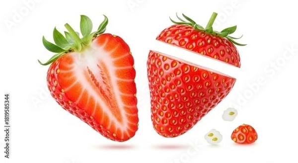 Fototapeta Fresh ripe strawberry cut in half, showing seeds and texture on an isolated white background