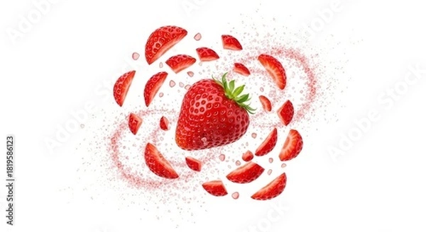 Fototapeta Fresh strawberry slices swirling around whole fruit in a dynamic splash on an isolated white background