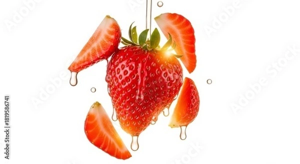 Fototapeta Fresh ripe strawberry with slices and water droplets falling on a white background