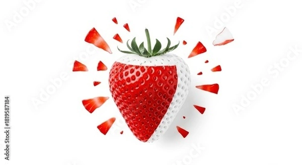 Fototapeta Exploding strawberry with cream and flying pieces on a white background