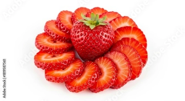 Fototapeta Fresh ripe strawberry slices arranged in a circle with whole berry center on a white background