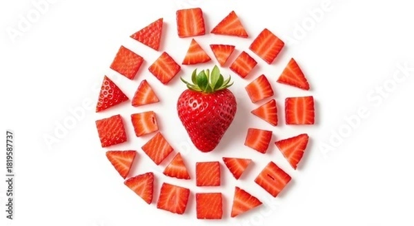 Fototapeta A whole strawberry surrounded by sliced strawberries arranged in an oval shape on a white background