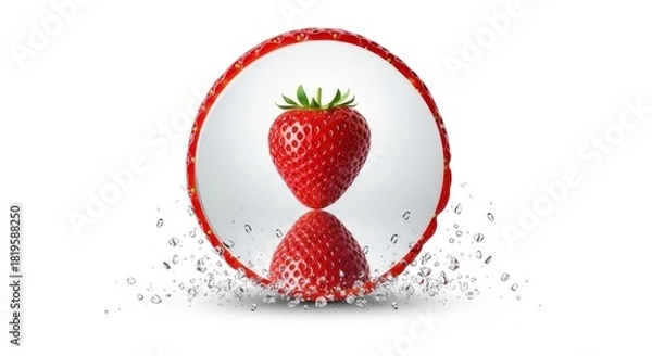 Fototapeta A ripe red strawberry framed in a red oval shape on a white background