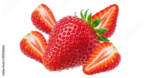 Fototapeta Fresh ripe strawberries, whole and sliced, isolated on white background
