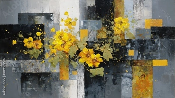 Fototapeta Abstract floral painting with yellow flowers and textured geometric gray background art