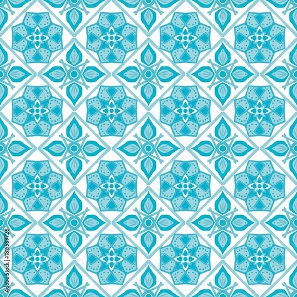 Obraz Seamless fabric pattern, Bohemian, light blue, white, floral, geometric, antique, native american, cloth, background 