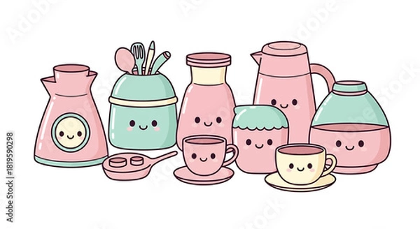 Obraz Cute pastel kitchenware with smiling faces white