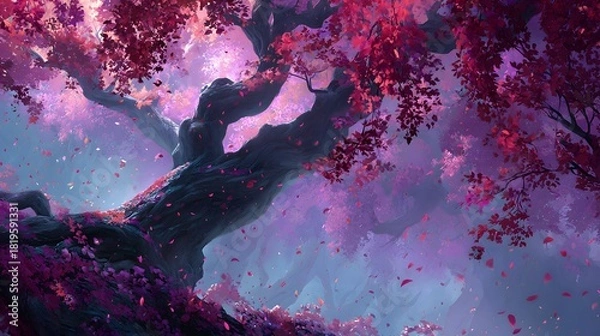 Fototapeta Mystical Pink Forest with Ancient Tree and Falling Leaves Illustration