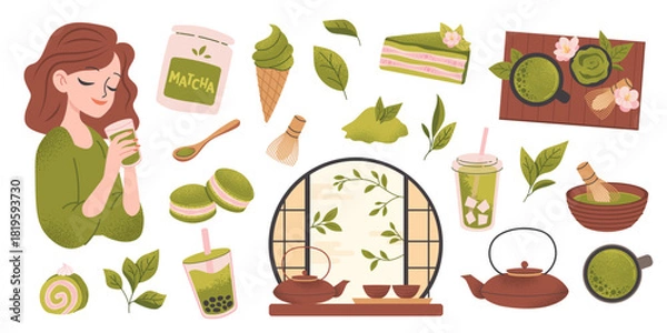 Obraz Matcha drinks, pastries, and sweets with popular Asian flavor of matcha