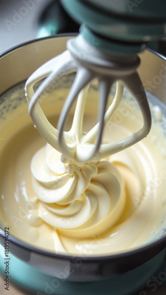 Fototapeta A modern planetary mixer whisk attachment lifting smooth whipped cream from stand mixer bowl. Thick white peaks demonstrate perfect consistency for baking and dessert preparation. Vertical closeup.