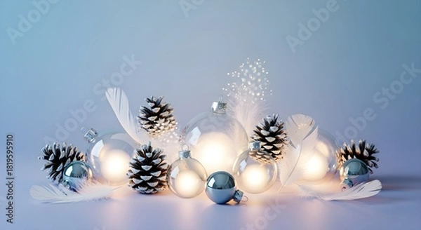 Fototapeta Elegant winter holiday decor with glowing glass baubles, frosted pinecones and soft feathers.