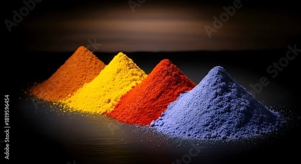 Fototapeta Vibrant colorful powder piles arranged in a line, rich pigment texture and gradient shades