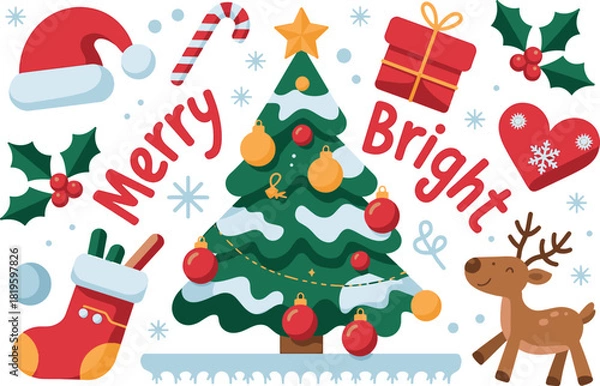 Obraz Christmas Elements Flat Vector Set Tree Santa Hat Reindeer Transparent