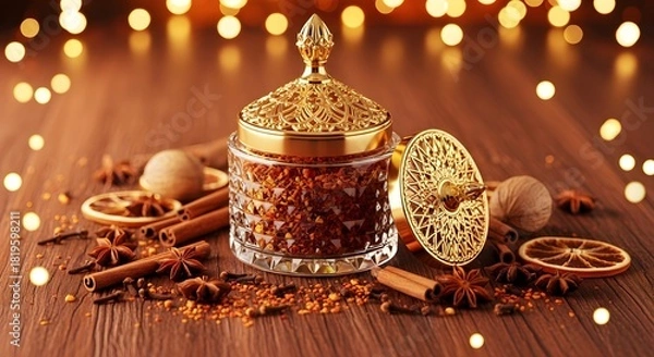 Fototapeta Aromatic festive spices in decorative glass jar with cinnamon, star anise, bokeh lights