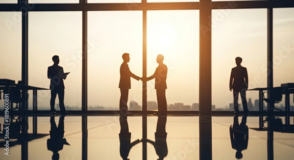 Fototapeta Silhouettes of four business people shaking hands and standing in sunlit modern office with expansive windows illustrating partnership and success