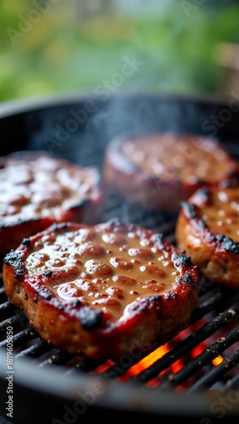 Fototapeta Glazed pork chops grilling on barbecue with with an appetizing crispy crust and flames. Juicy meat steaks with caramelized surface creates mouthwatering outdoor cooking scene