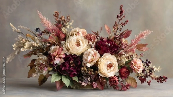 Obraz Elegant autumnal floral arrangement featuring roses astilbe and dried elements on a neutral background