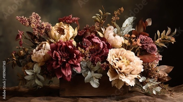 Obraz A rich and dramatic still life arrangement of opulent flowers in deep jewel tones and soft pastels