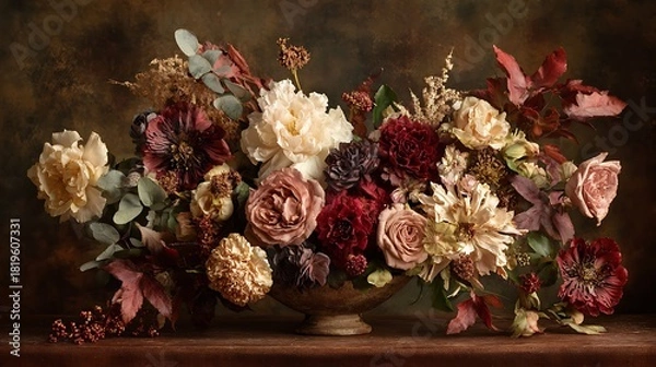 Obraz A luxurious arrangement of autumnal flowers in a vintage urn displaying rich hues and textures