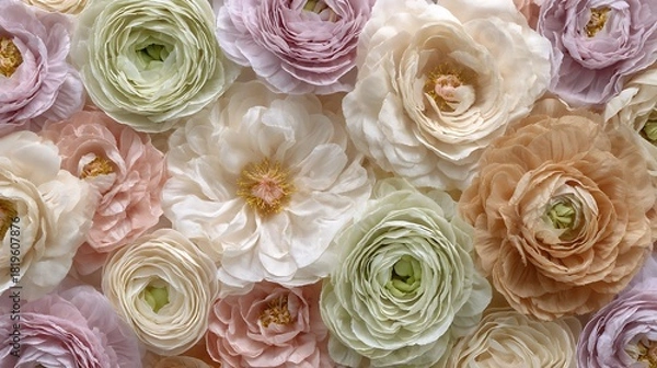 Obraz A close up view of delicate pastel ranunculus flowers in full bloom