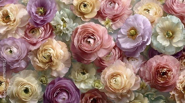 Obraz A close up view of a vibrant tapestry of pastel colored ranunculus flowers in full bloom