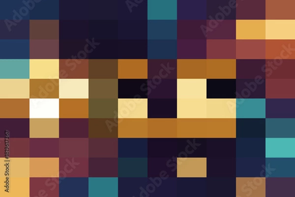 Obraz Abstract pixel art portrait featuring a stylized face with glowing eyes composed of warm and cool color blocks against a dark background