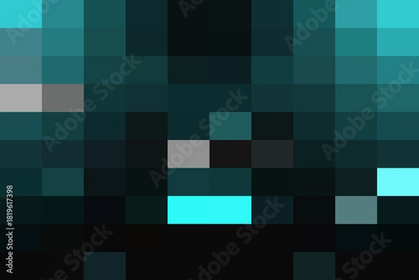 Obraz Abstract pixelated background featuring dark teal, cyan, and black squares creating a moody, digital, and somewhat mysterious visual texture