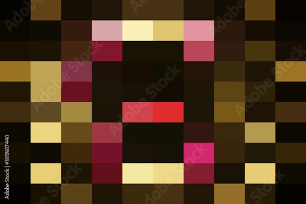 Obraz Abstract pixelated graphic featuring a central dark void framed by warm brown, gold, and magenta square blocks creating a bold, geometric shape