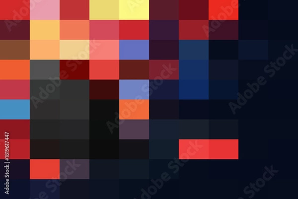 Obraz Abstract mosaic of colorful pixel blocks featuring vibrant reds, yellows, blues, and dark tones against a deep navy background