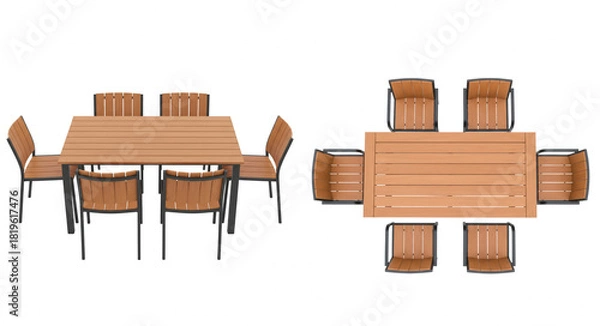 Obraz Modern Wooden Slat Patio Dining Sets with Perspective and Top Views