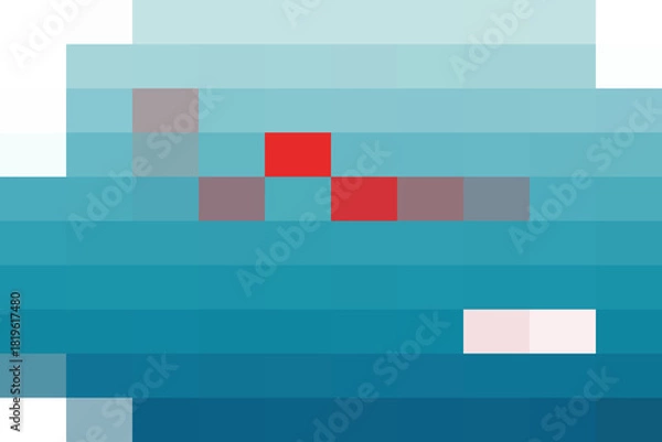 Obraz Abstract pixelated representation of a stylized aquatic scene featuring shades of blue and prominent red square accents suggesting movement or detail
