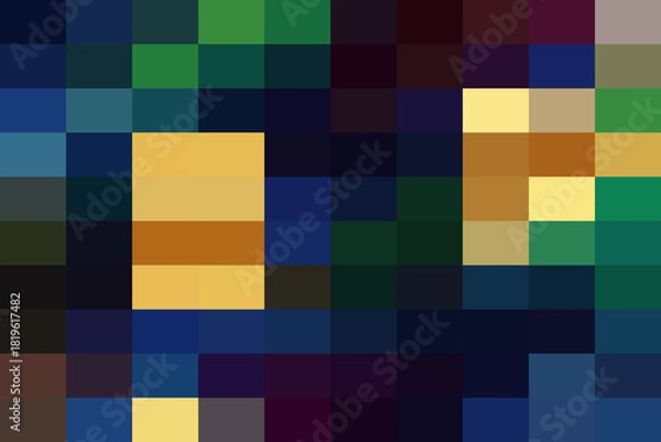 Obraz Abstract digital artwork featuring a mosaic of dark blue, green, and yellow pixelated squares creating a moody, lowresolution composition