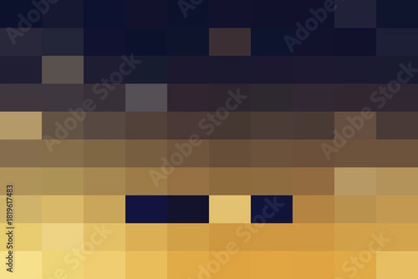 Obraz Abstract pixelated representation of a dark night sky transitioning into a warm, glowing horizon with minimal dark shapes suggesting features