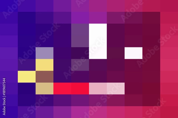 Obraz Abstract pixel art design featuring a blocky, stylized face or symbol against a vibrant gradient background of blue and red