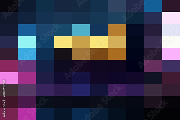 Obraz Abstract pixelated composition featuring a central golden shape against a dark, richly colored background of blues and purples