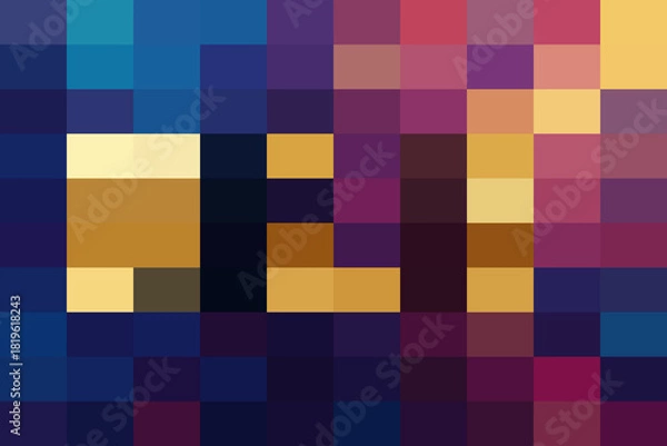 Obraz Abstract pixelated mosaic background featuring a dark blue, purple, and gold color palette with blocky letter shapes