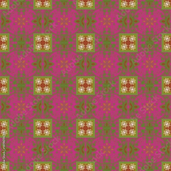 Obraz Seamless fabric pattern, Bohemian, light green, white, pink, lilac, geometric, antique, native american, fabric, seamless background, geometric